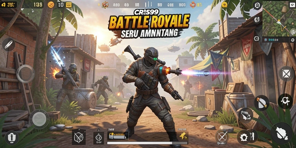 Tangkapan layar utama CRS99 menampilkan aksi seru dalam medan perang Battle Royale.