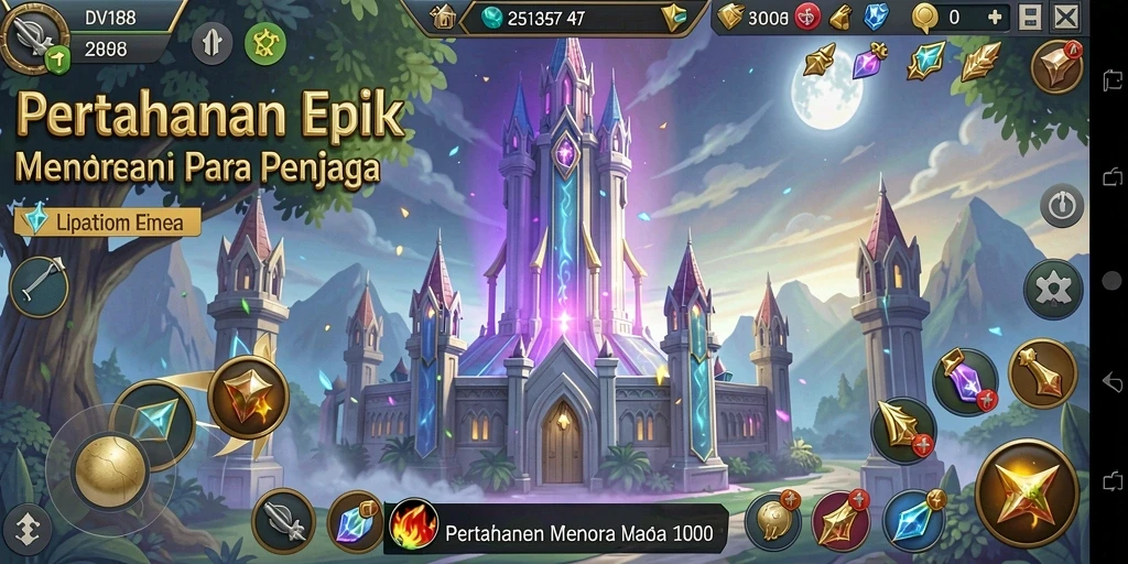 Tampilan menegangkan dari gameplay DV188 saat membangun pertahanan menara.