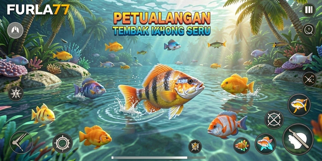 Screenshot gameplay FURLA77 dengan aksi menembak ikan yang seru.