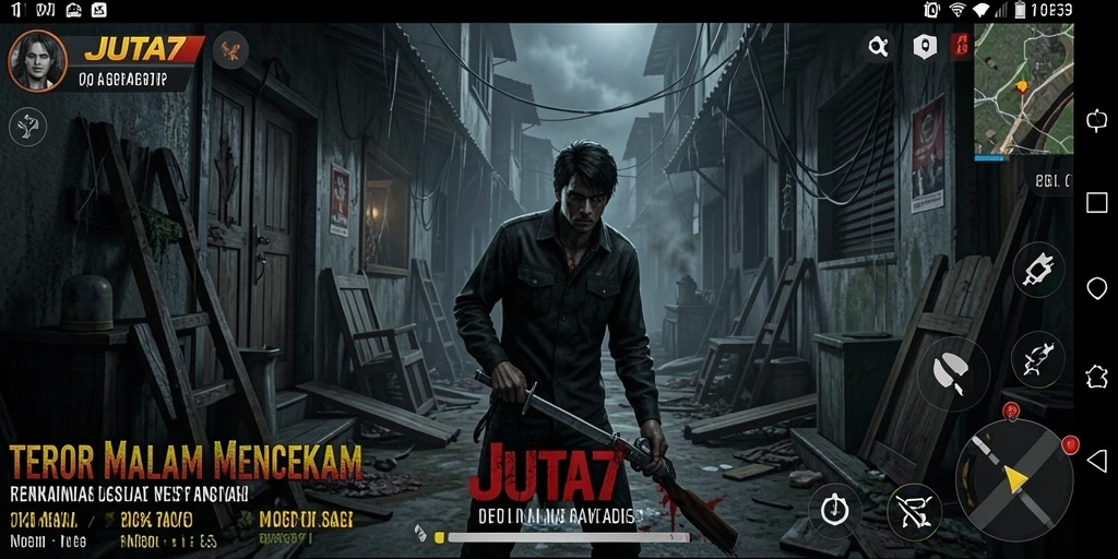 Screenshot JUTA7 menunjukkan ketegangan di lorong gelap yang mencekam.