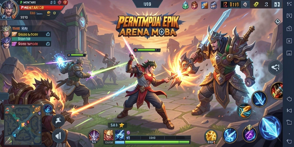 Tangkapan layar permainan <strong>MENTARI138</strong> yang menunjukkan aksi seru dalam pertandingan MOBA.