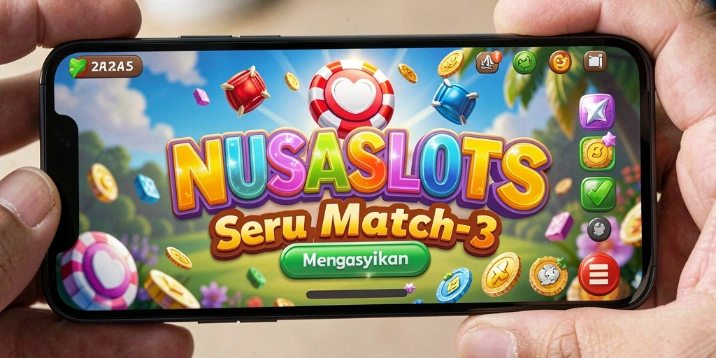 Tampilan gameplay seru NUSASLOTS dengan berbagai simbol Match-3.