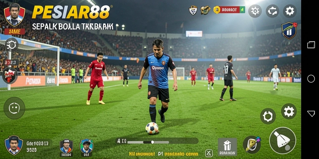 Screenshot PESIAR88 yang menampilkan gameplay yang mendebarkan dalam pertandingan sepak bola.
