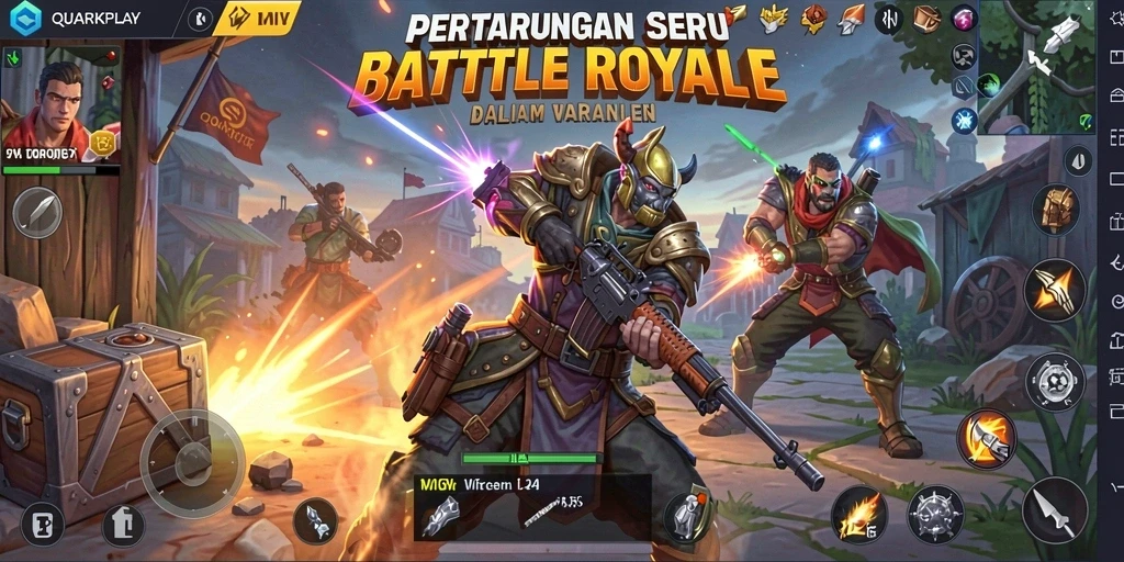 Screenshot gameplay menunjukkan pertarungan intens di arena Battle Royale.