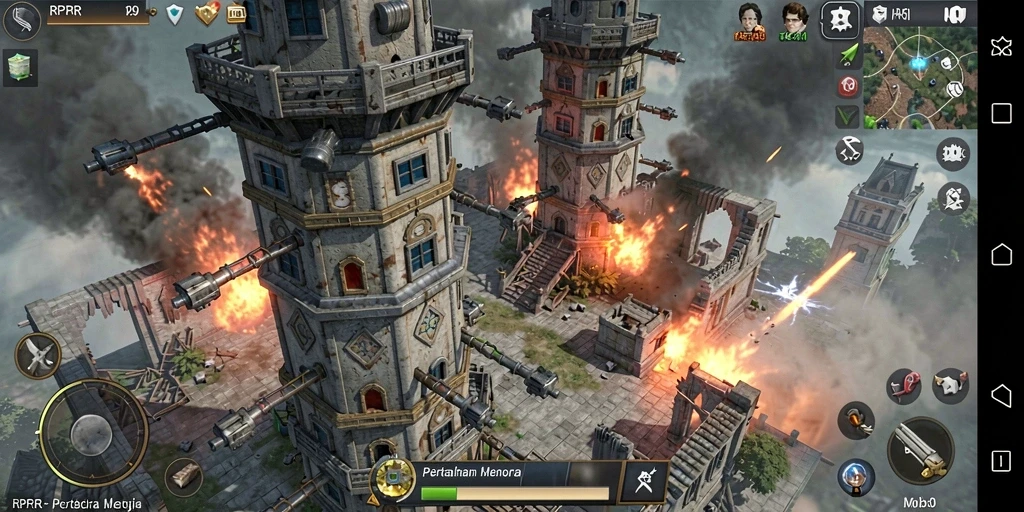 Tampilan gameplay <strong>RPRR</strong> yang menarik dengan aksi pertahanan menara yang intens.