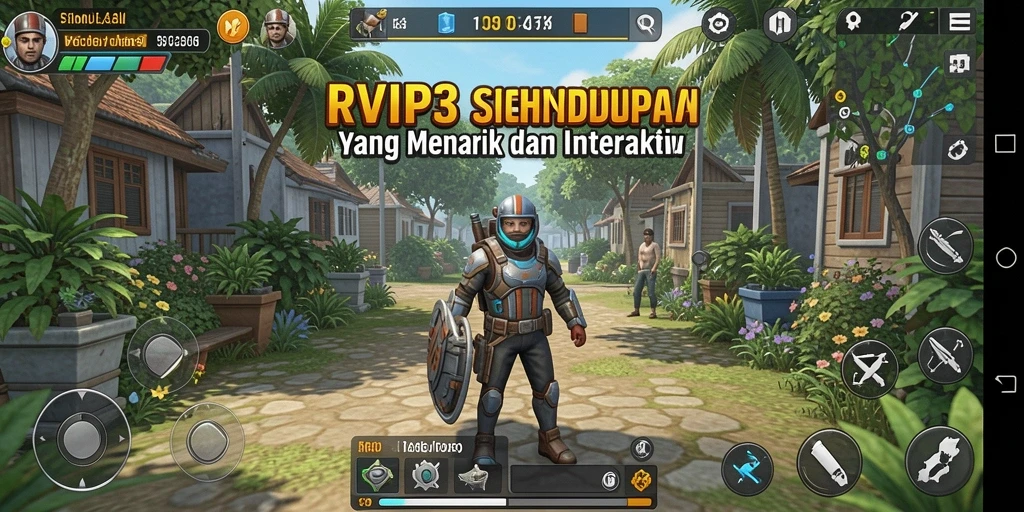 Screenshot utama menunjukkan karakter dalam aksi di dunia simulasi yang realistis.